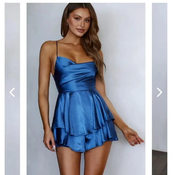 Mon Cherie Cowl Neckline Lace Up Back Romper in Navy - Picture 3 of 8